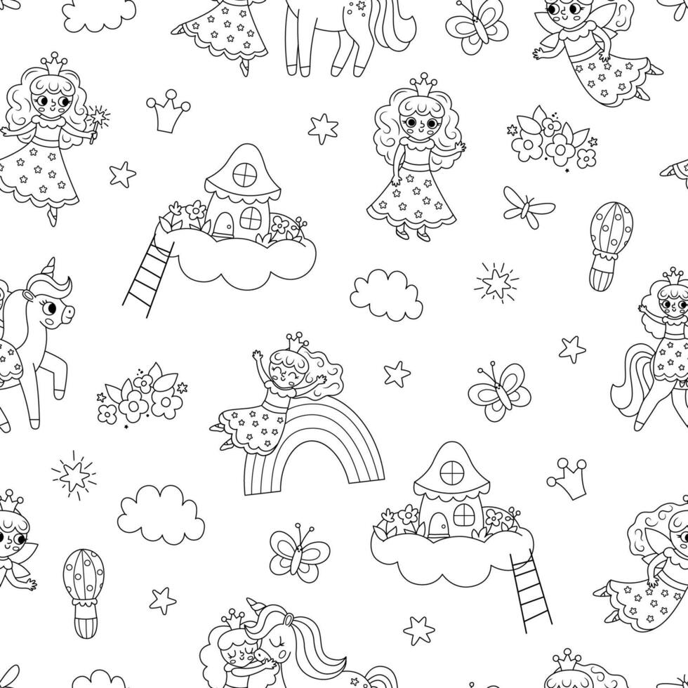 fairy black and white seamless pattern. Fantasy sorceress repeat background with magic wand, crown, house on cloud. Fairytale line digital paper. Magic princess backdrop, coloring page vector