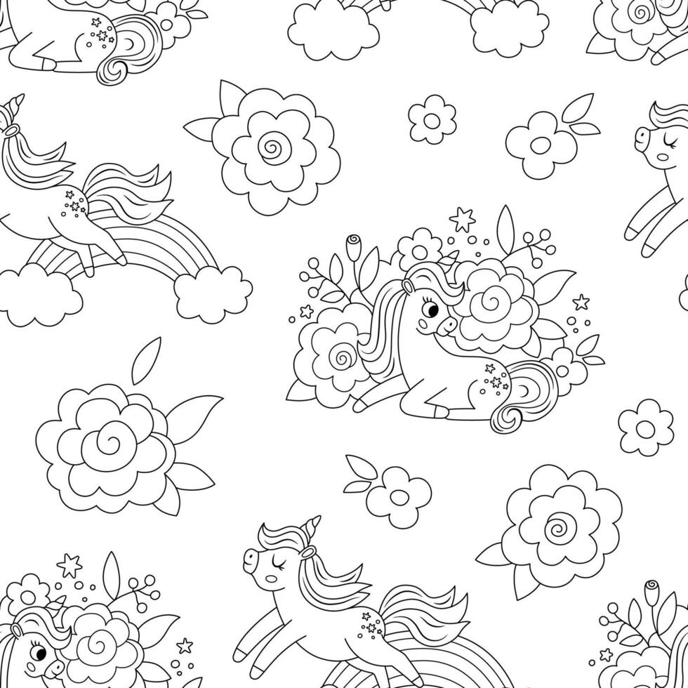 black and white unicorns seamless pattern. Repeat line background with fairytale characters, rainbow, flowers. Fantasy world digital paper or coloring page with floral elements vector