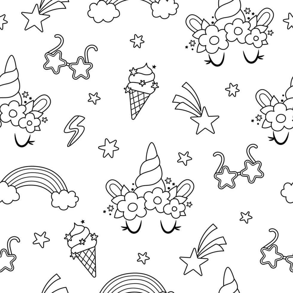 black and white unicorns seamless pattern. Repeat line background with fairytale character, horn, rainbow, falling stars, glasses. Fantasy world digital paper, coloring page vector