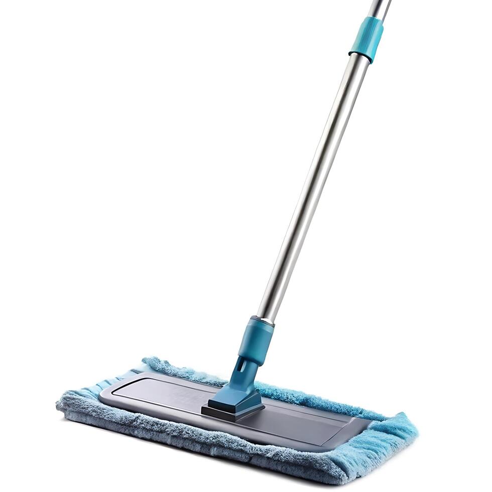 A Clean and Efficient Floor Cleaning Mop with a Long Handle and Soft Blue Microfiber Pad photo