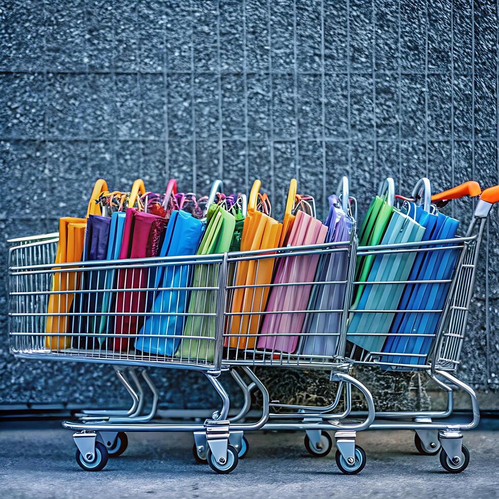 Colorful Shopping Bags Overflowing in Two Shopping Carts Against a Gray Brick Wall photo