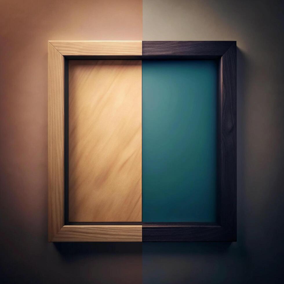 A Divided Wooden Frame with a Light and Dark Wood Design Featuring a Natural Wood Panel and a Teal Panel photo