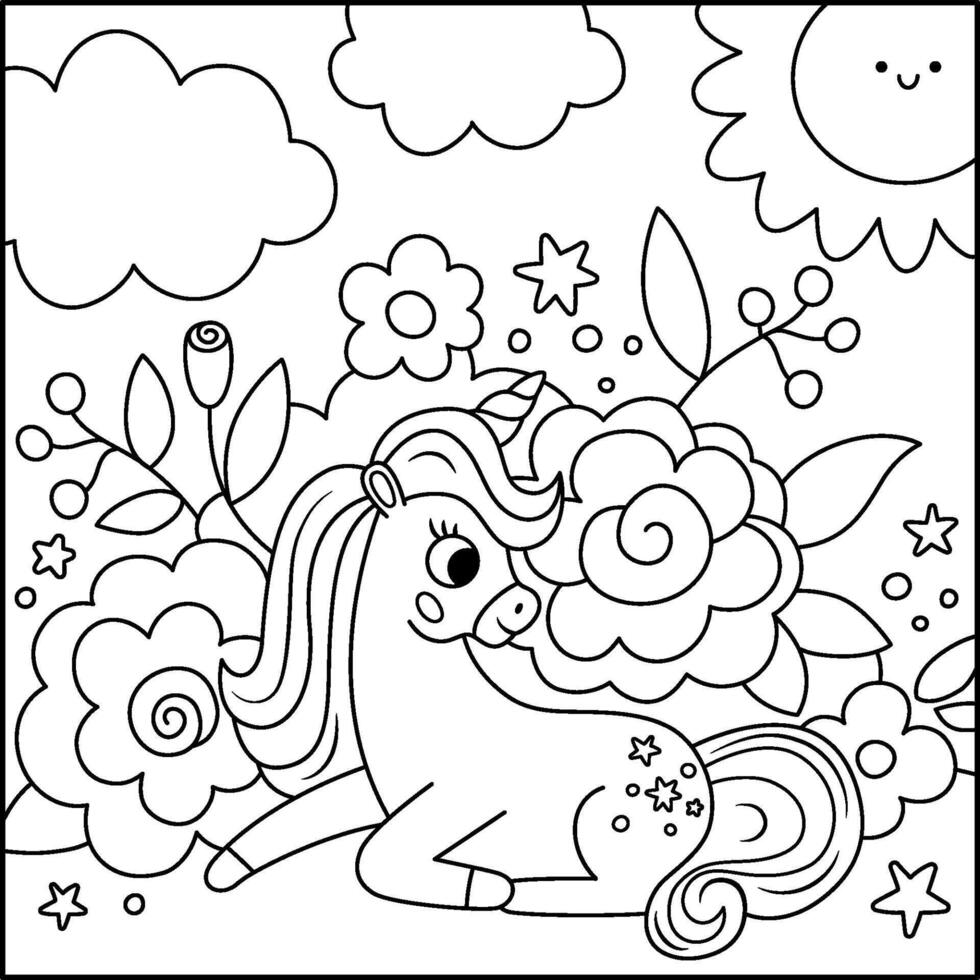 black and white square background with unicorn with flowers under clouds, sun. Magic or fantasy world line scene. Fairytale landscape coloring page. Cute sunny day illustration vector
