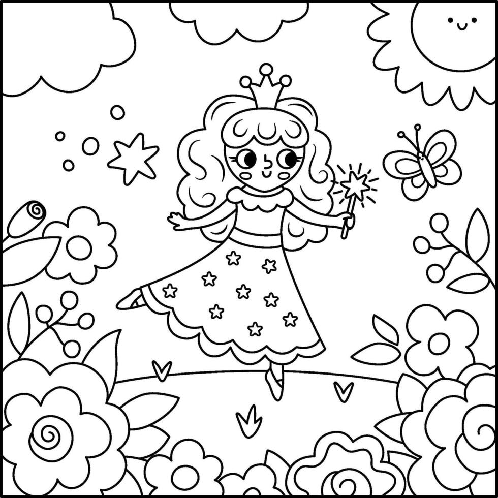 black and white square background with fairy princess with flowers. Magic or fantasy world line scene. Fairytale landscape or coloring page. Cute sunny day illustration for kids vector