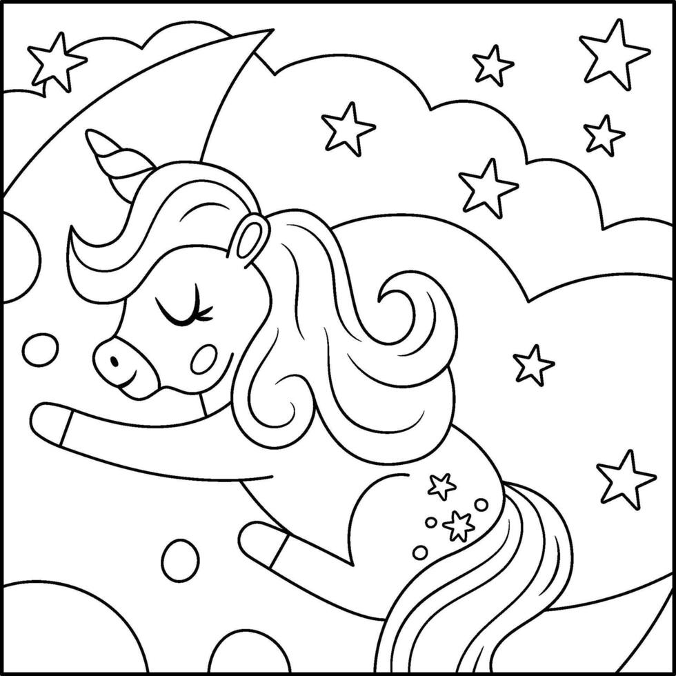 black and white square background with unicorn sleeping on half moon under stars. Magic or fantasy world line scene. Fairytale landscape coloring page. Cute night sky illustration vector