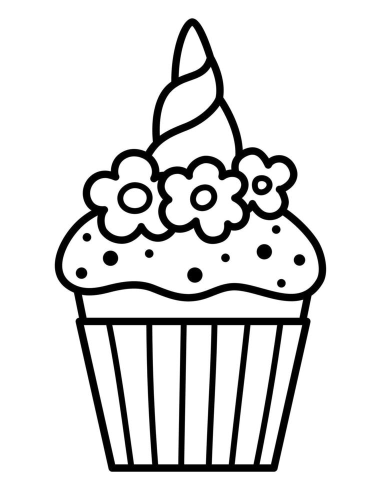 black and white rainbow cup cake with unicorn horn and flowers. Fairytale themed birthday dessert. Cute magic candy bar line design element. Sweet cupcake icon or coloring page vector