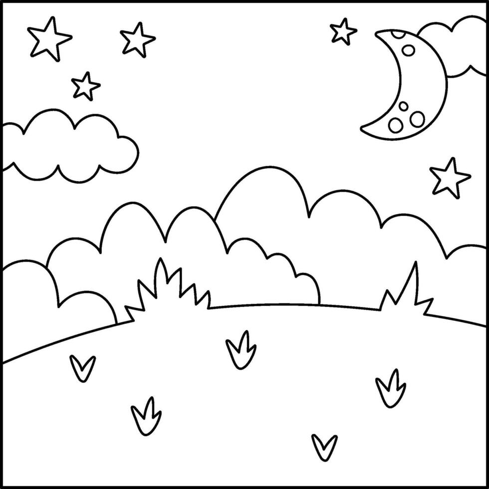 black and white abstract background with clouds, stars, half moon. Magic or fantasy world line scene. Cute fairytale square nature landscape or coloring page. Night sky illustration for kid vector
