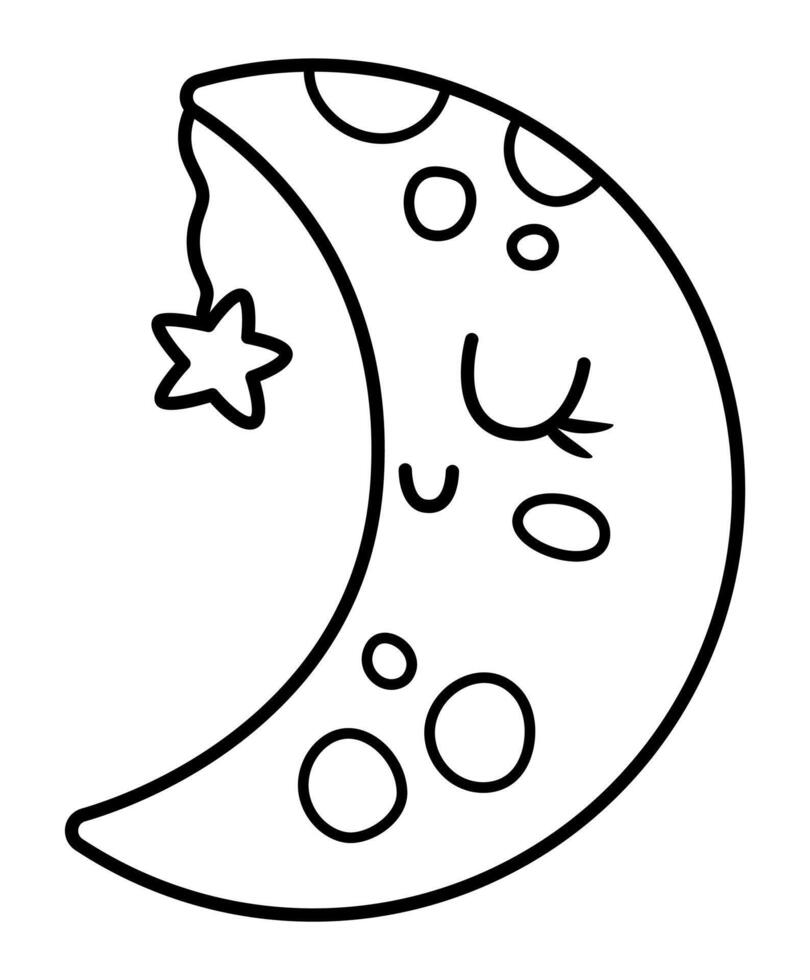 black and white smiling half-moon icon with closed eyes. Fairytale themed sleeping moon with star. Cute magic outline design element. Space icon or coloring page vector
