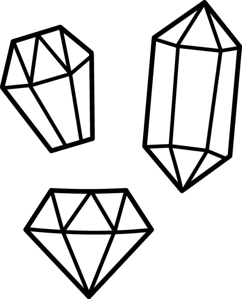 black and white crystals. Unicorn treasures concept. Outline diamond icons. Magic or fairytale precious stone line decoration for cards isolated on white background. Cute coloring page vector