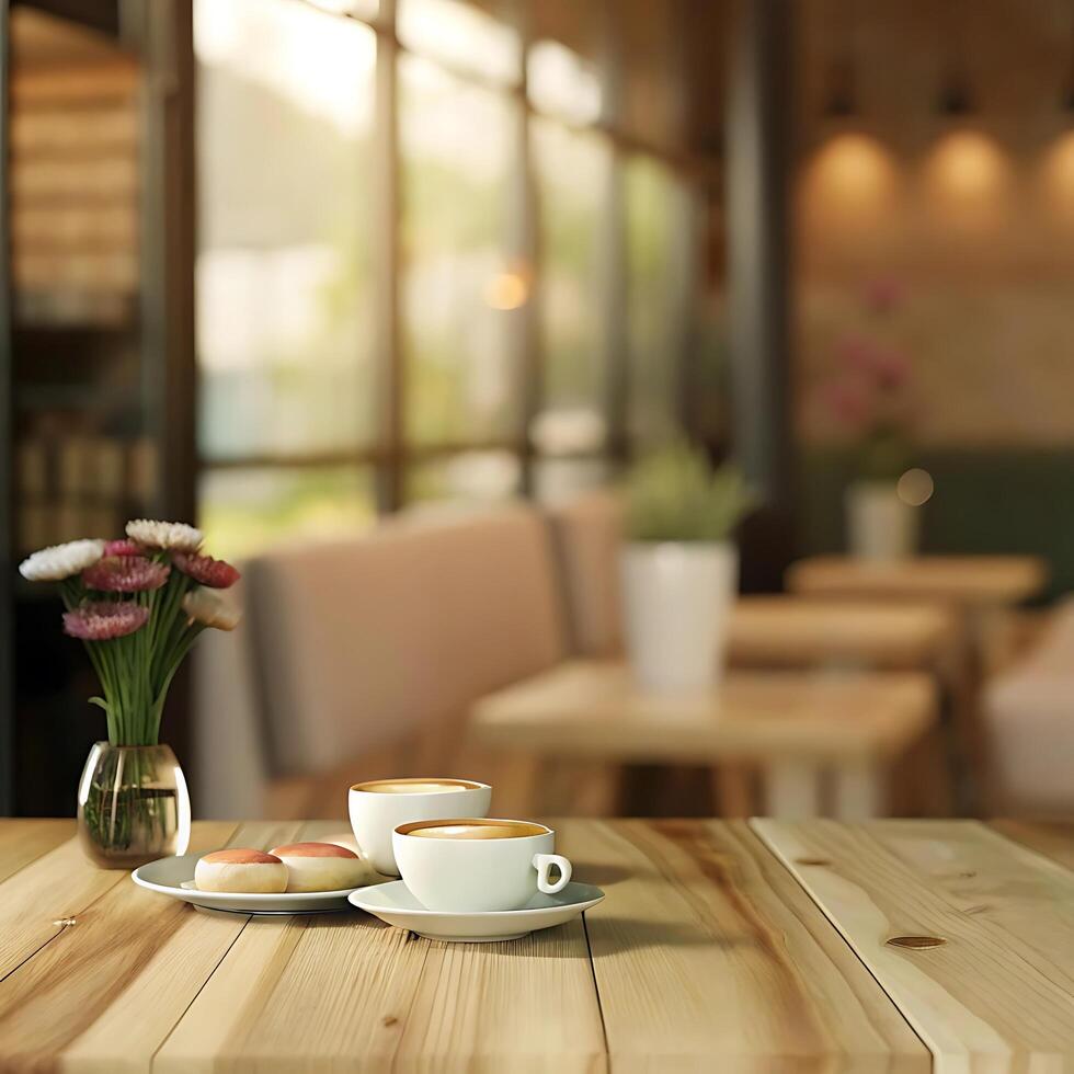 Two Cups of Coffee and Pastries on a Wooden Table in a Sunny Cafe photo