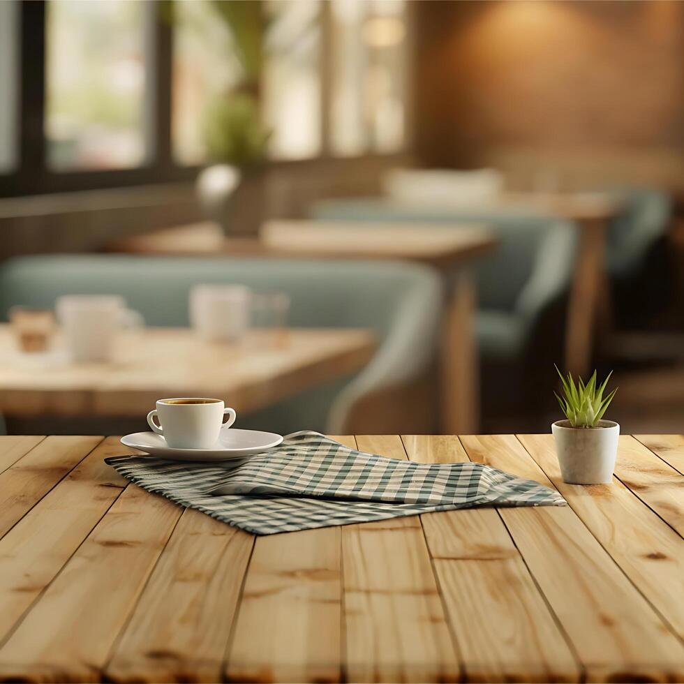 A cozy cafe scene with a cup of coffee on a wooden table photo