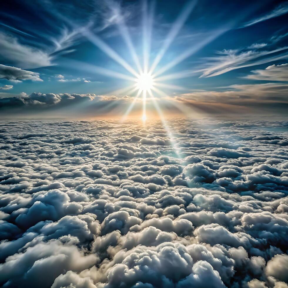 Stunning Aerial View of Sun Rays Breaking Through Cloudscape at Sunset photo