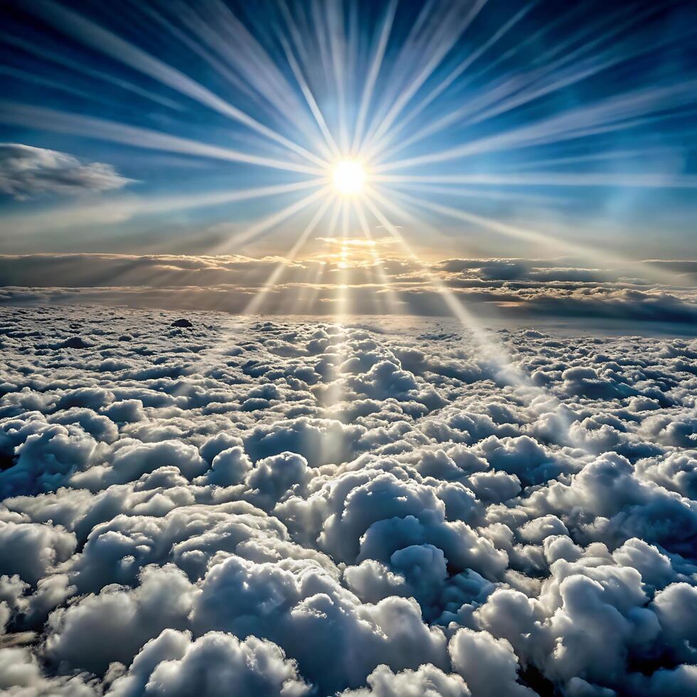 Heavenly Sunlight Beams Above a Sea of Clouds A Breathtaking Aerial View photo