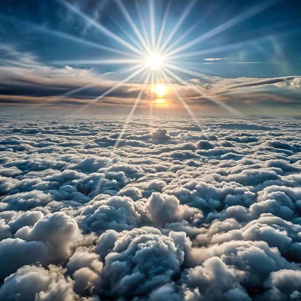 Stunning Aerial View of Sun Rays Shining Through Cloudscape at Sunset photo