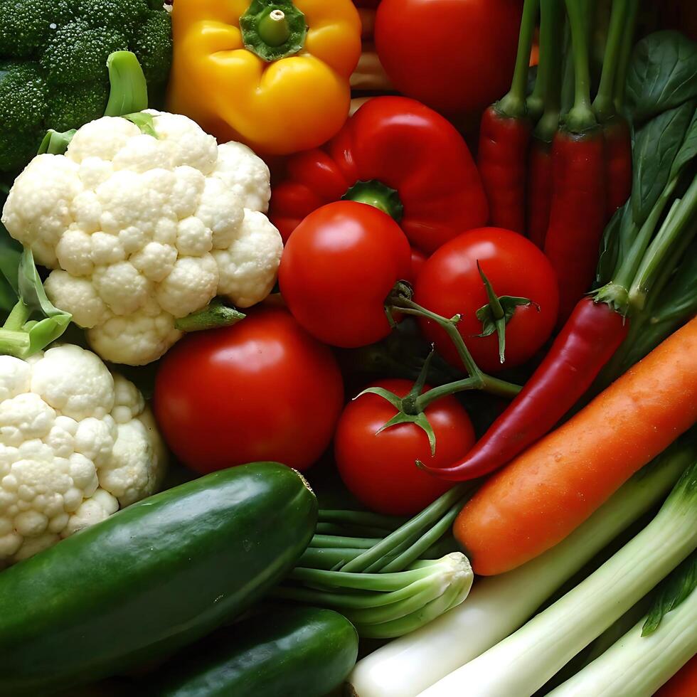 A vibrant collection of fresh vegetables including broccoli, cauliflower, bell peppers, tomatoes, cucumbers, carrots, and chilies photo