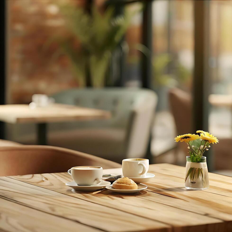 Two Cups of Coffee and a Pastry on a Wooden Table in a Cafe Setting photo