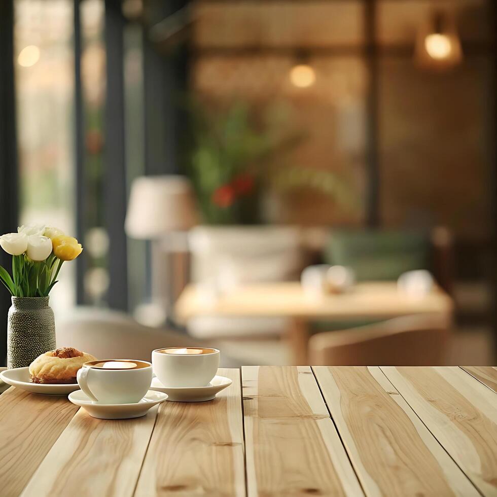 Two Cups of Coffee with Pastry and Flowers on Wooden Table in a Cozy Cafe photo