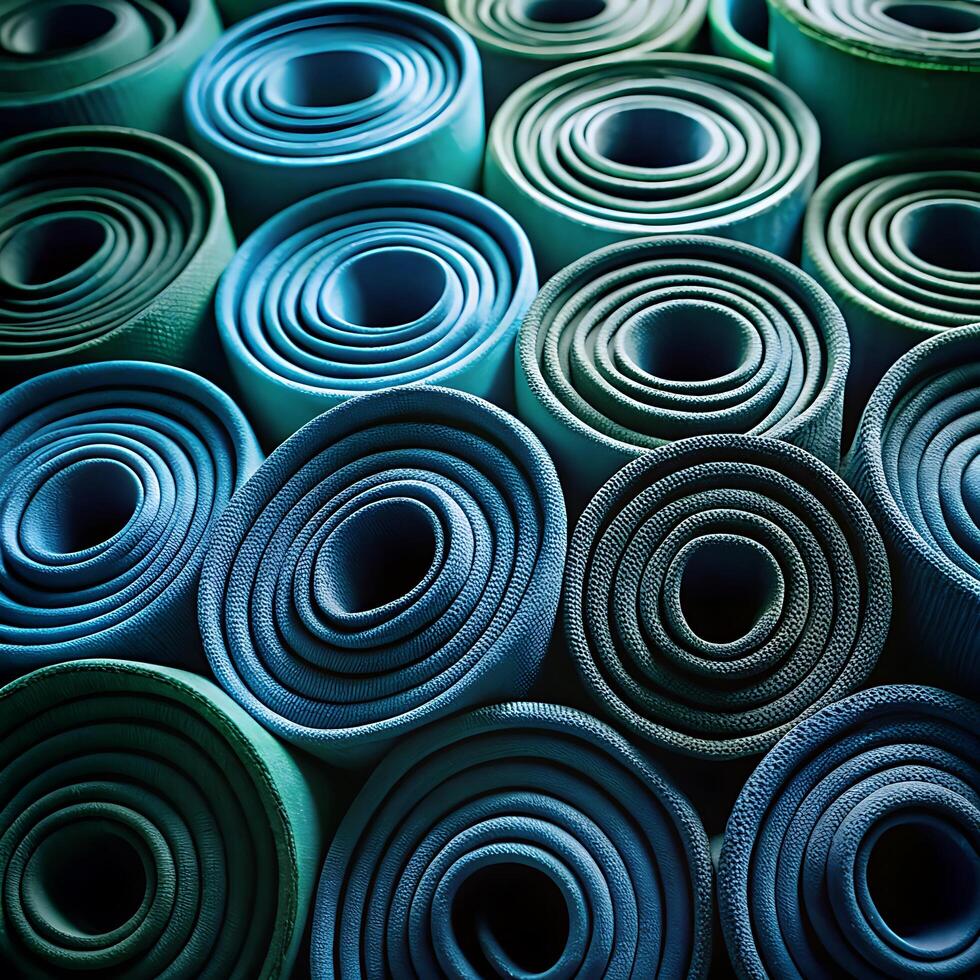 A Stack of RolledUp Blue and Green Exercise Mats CloseUp Photography photo