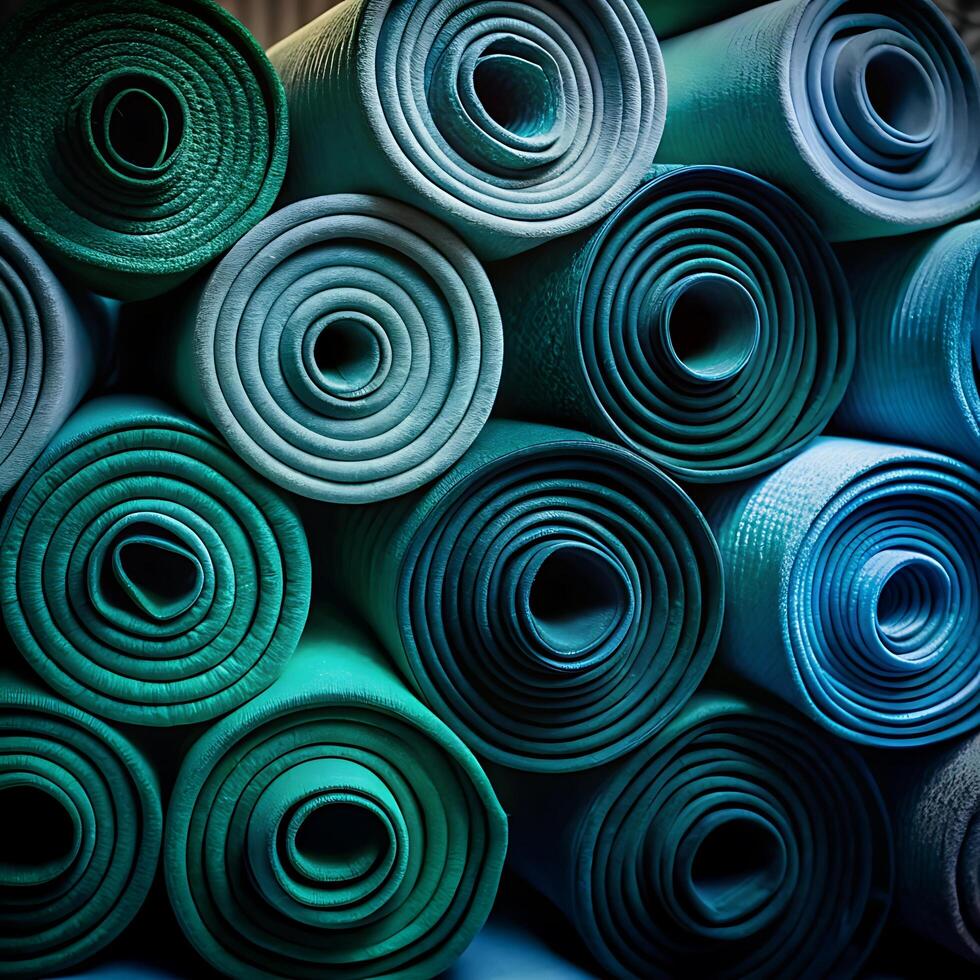 A Stack of Rolled Up Teal and Turquoise Yoga Mats photo
