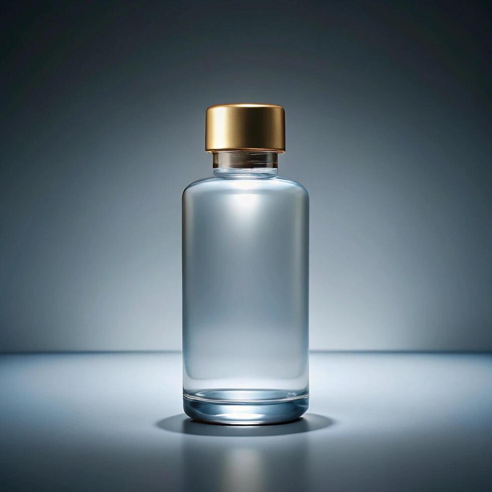 A Clear Glass Bottle with a Gold Cap on a Gray Surface under Soft Lighting photo