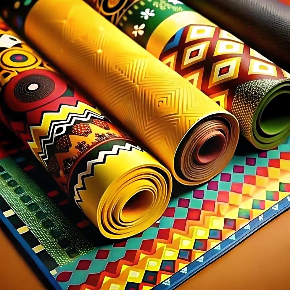 Vibrant Rolled African Print Mats Displaying Bold Geometric and Ethnic Patterns photo