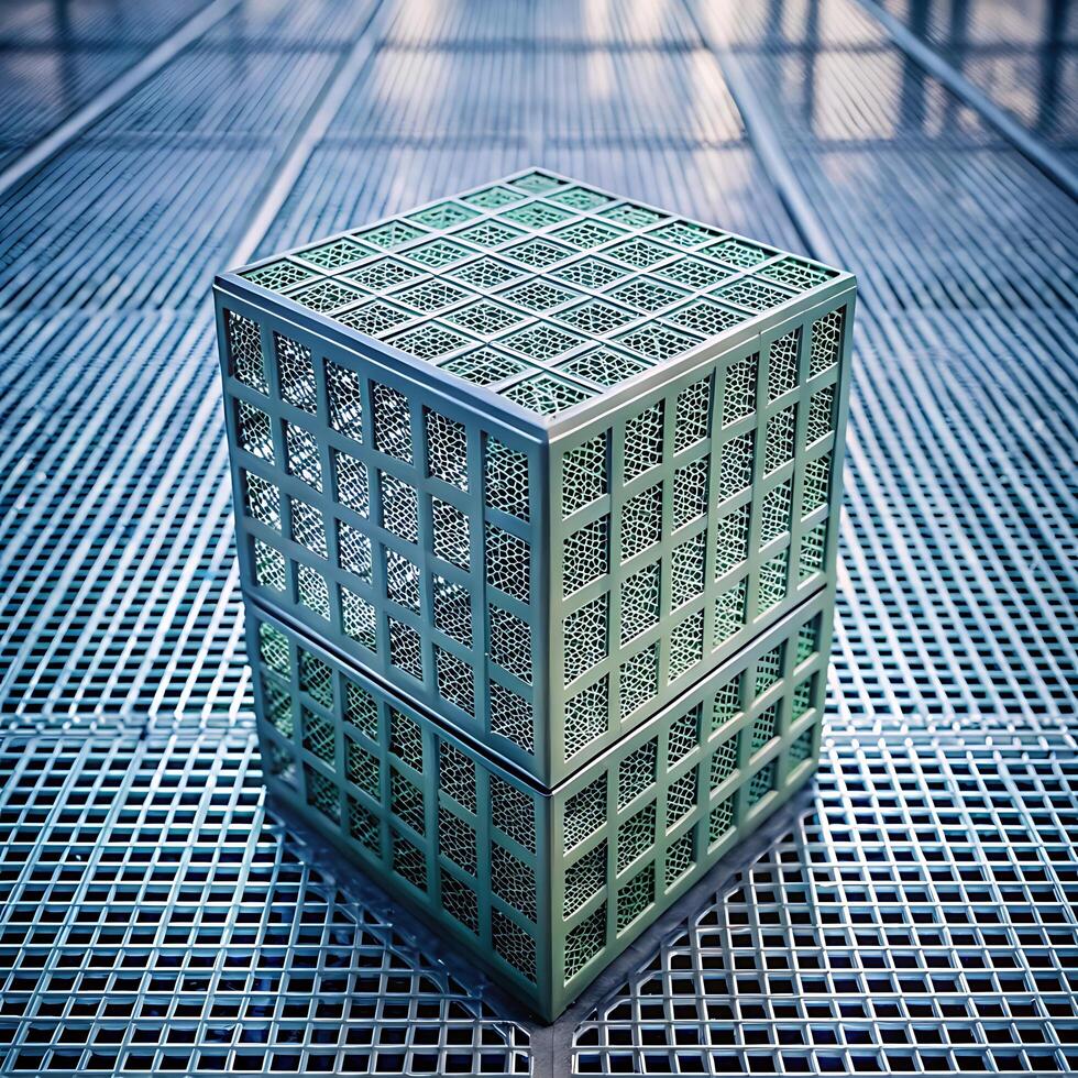 A cube sitting on a metal floor photo