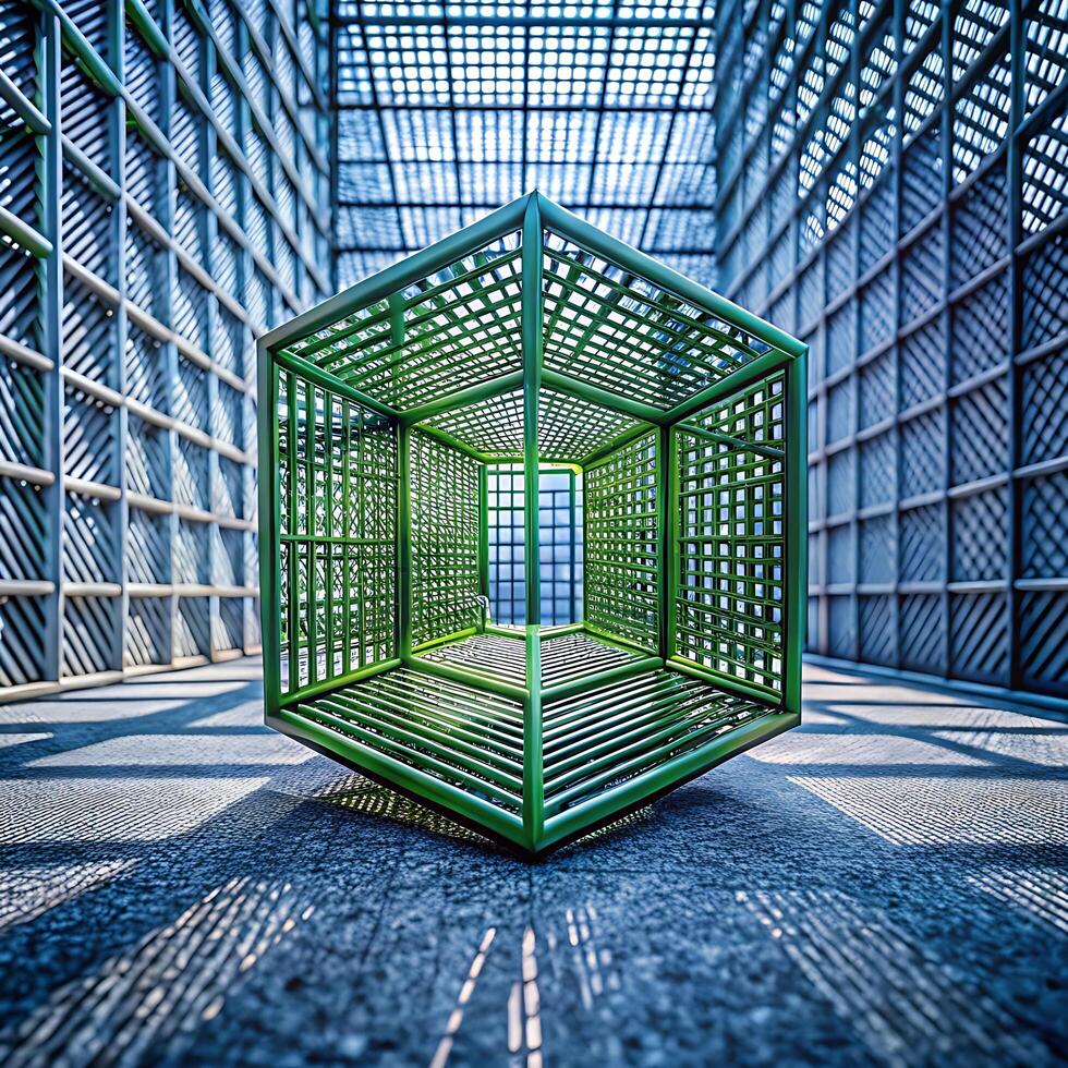 A green cube in a room with a window photo