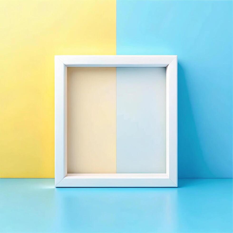 White Frame on Pastel Yellow and Blue Background Minimalist Mockup for Artwork or Photography Display photo