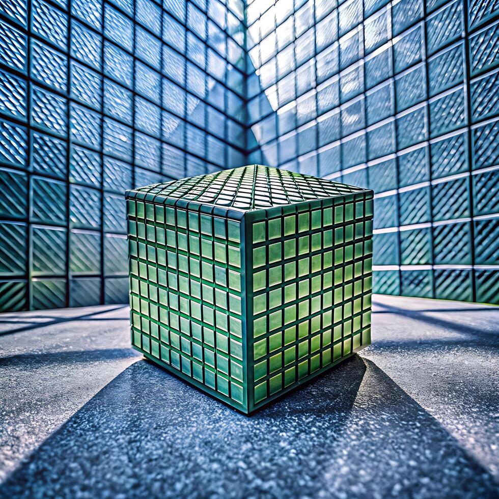 Green Cube in Modern Architectural Space with Blue Glass Walls and Shadow Effects photo