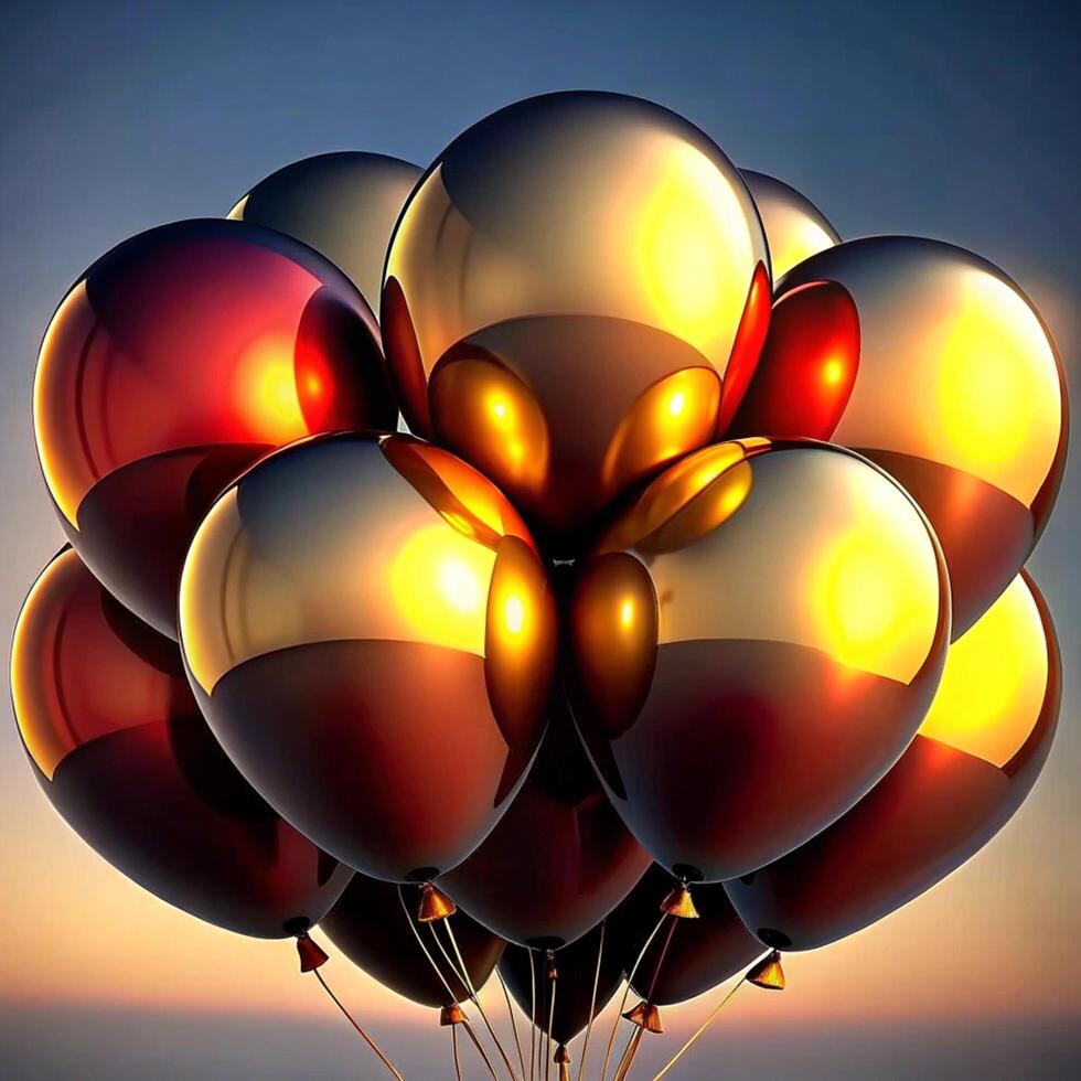 A cluster of shiny red and gold balloons at sunset, celebrating a joyous occasion photo