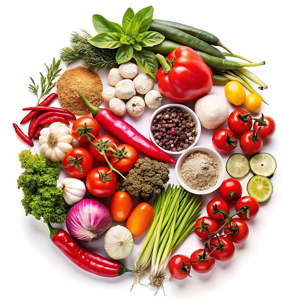Vibrant Assortment of Fresh Vegetables and Spices Arranged in a Circle photo