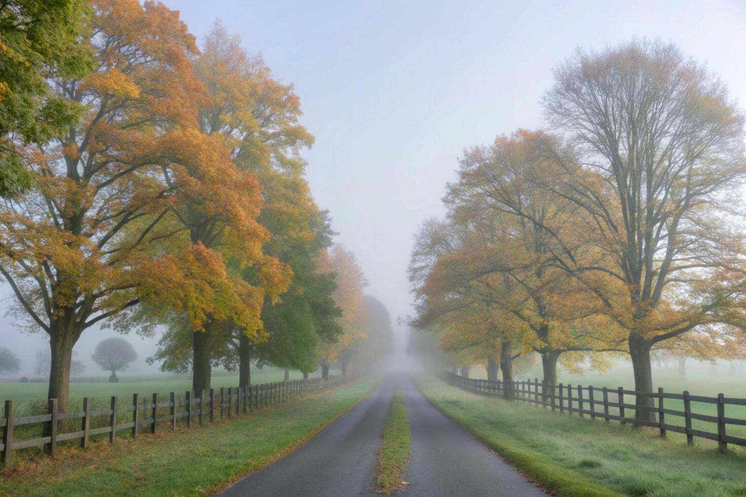Misty Autumn Driveway Lined with Golden Trees and Wooden Fence photo