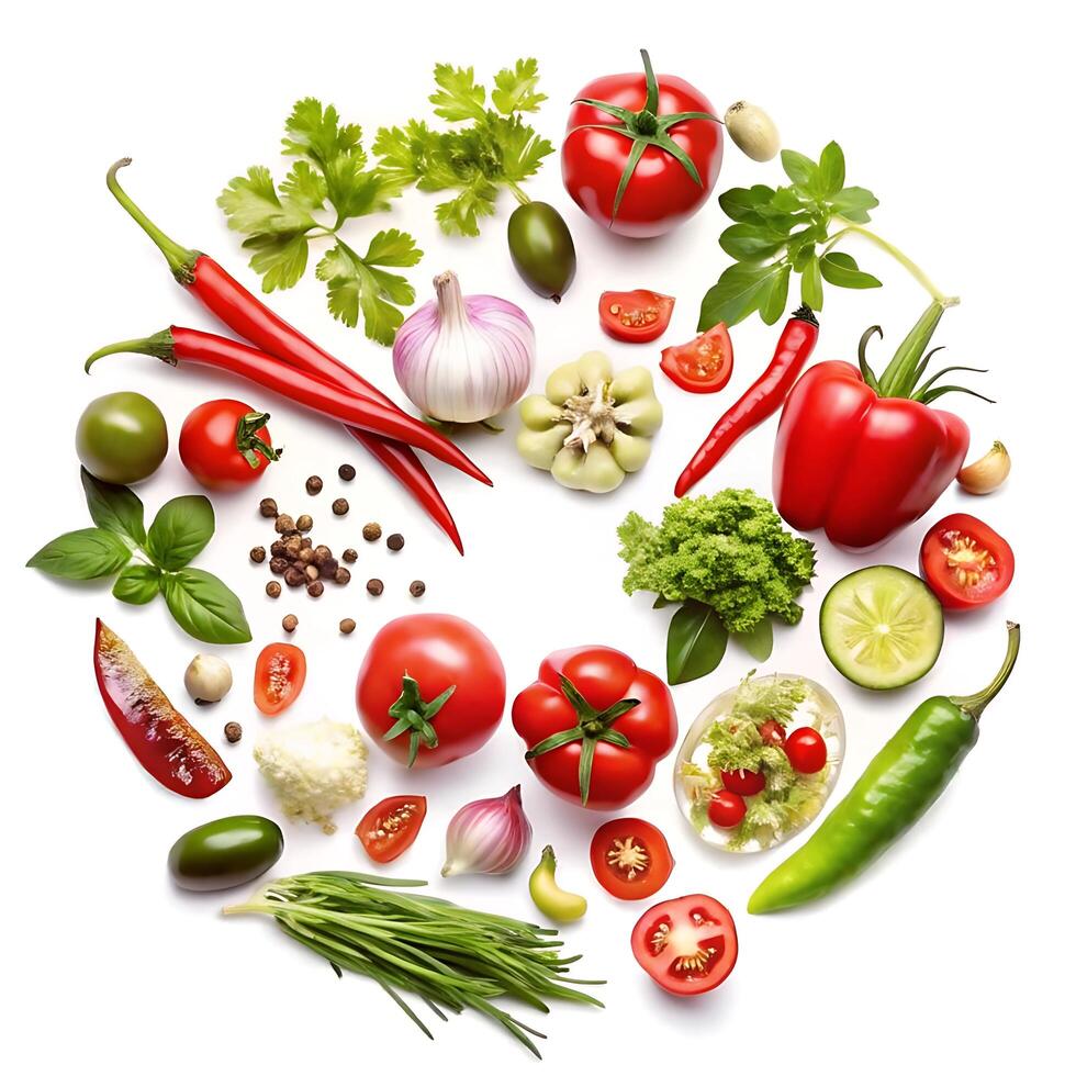 Vibrant assortment of fresh vegetables and herbs arranged in a circular pattern photo
