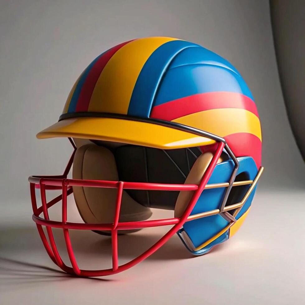 Colorful Cricket Helmet with Red Metal Face Guard and Yellow Visor photo