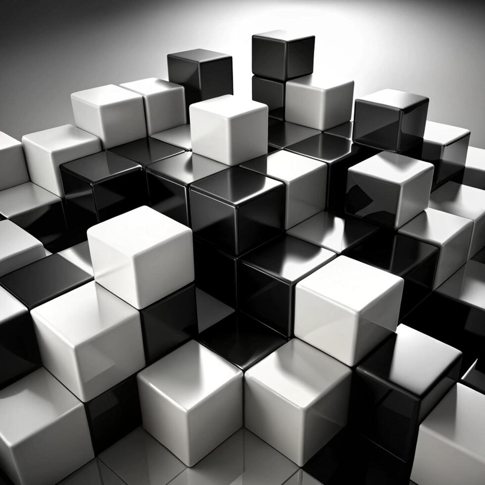 Abstract 3D Rendering of Black and White Cubes in a Checkerboard Pattern photo