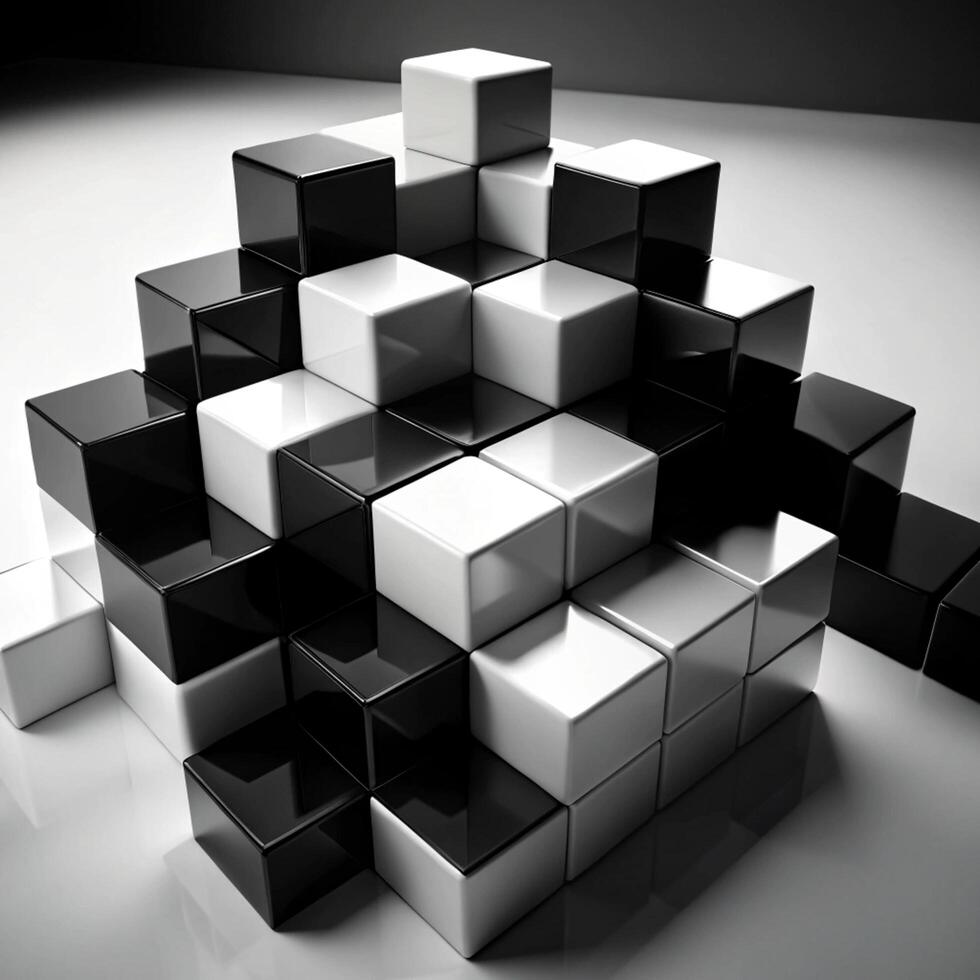 Abstract Black and White Cube Pyramid Structure Digital 3D Render of Geometric Shapes photo
