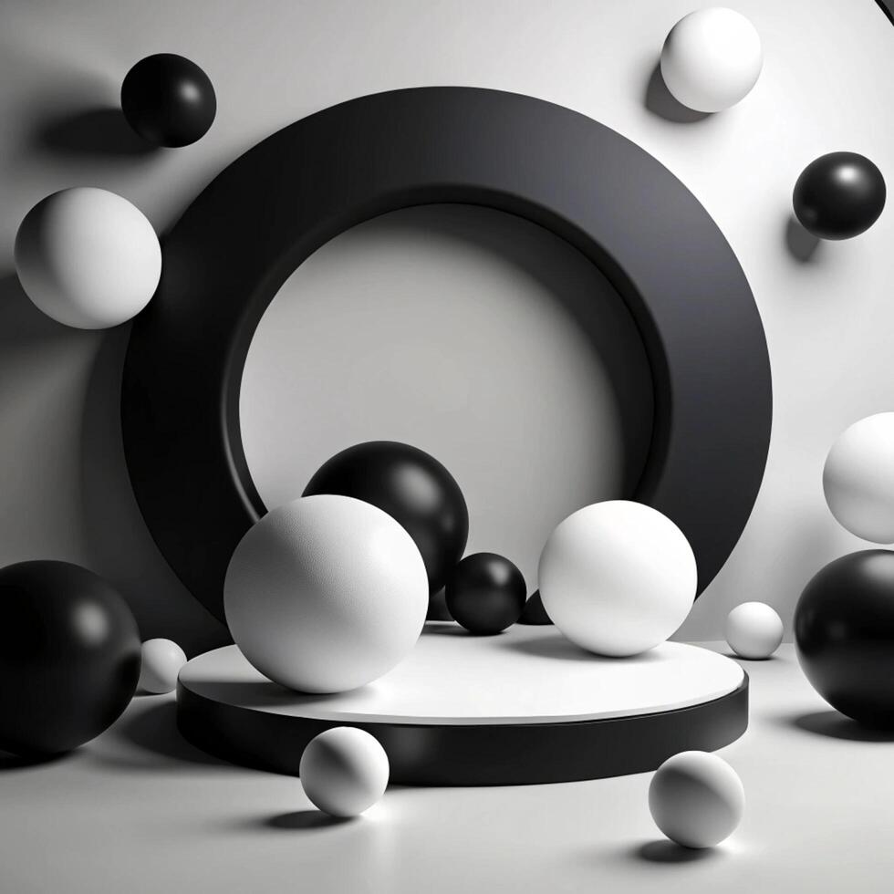 Abstract 3D Render of Black and White Spheres on a Platform with a Circular Frame photo