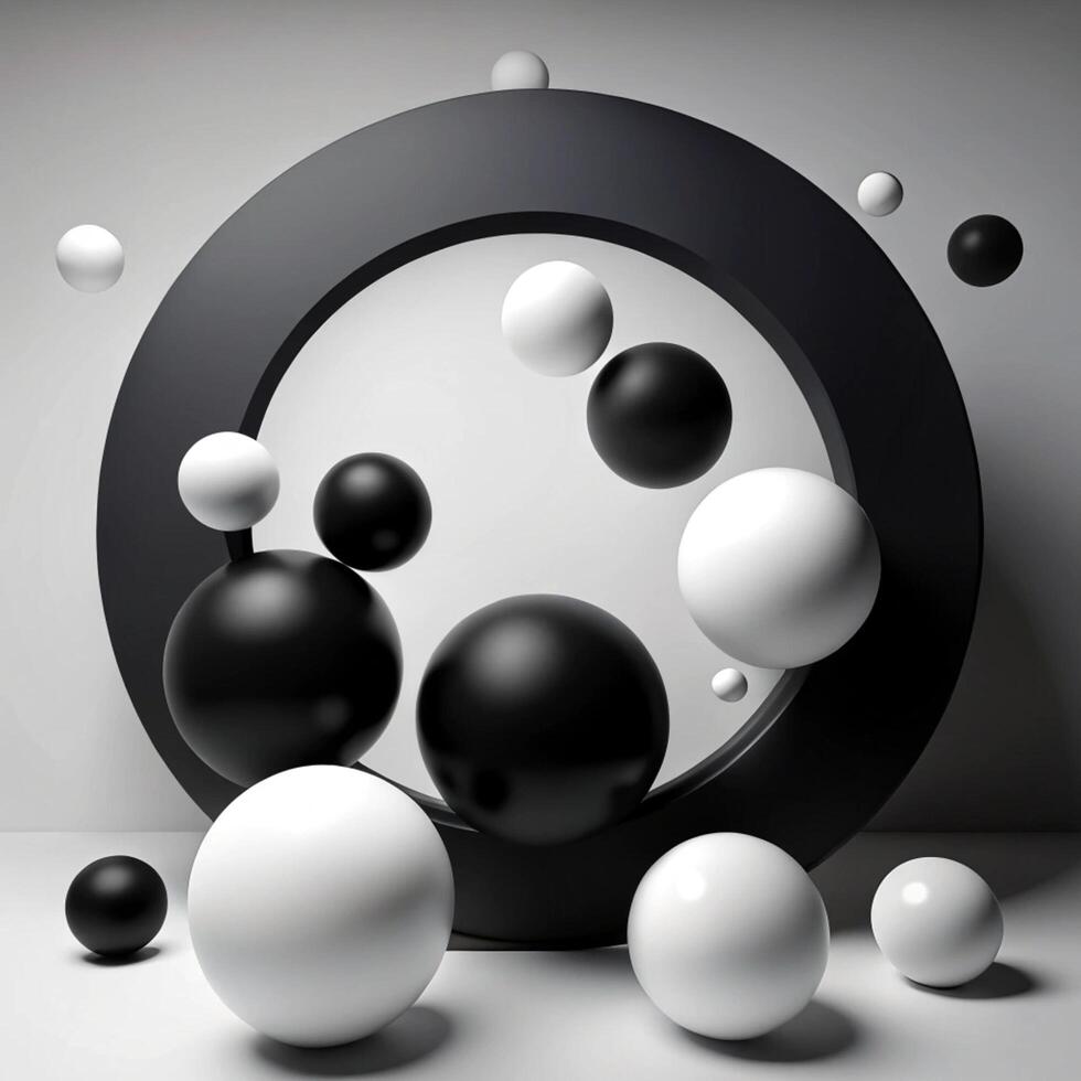 Abstract Composition of Black and White Spheres Within a Circular Frame A Stunning 3D Render of Geometric Shapes photo