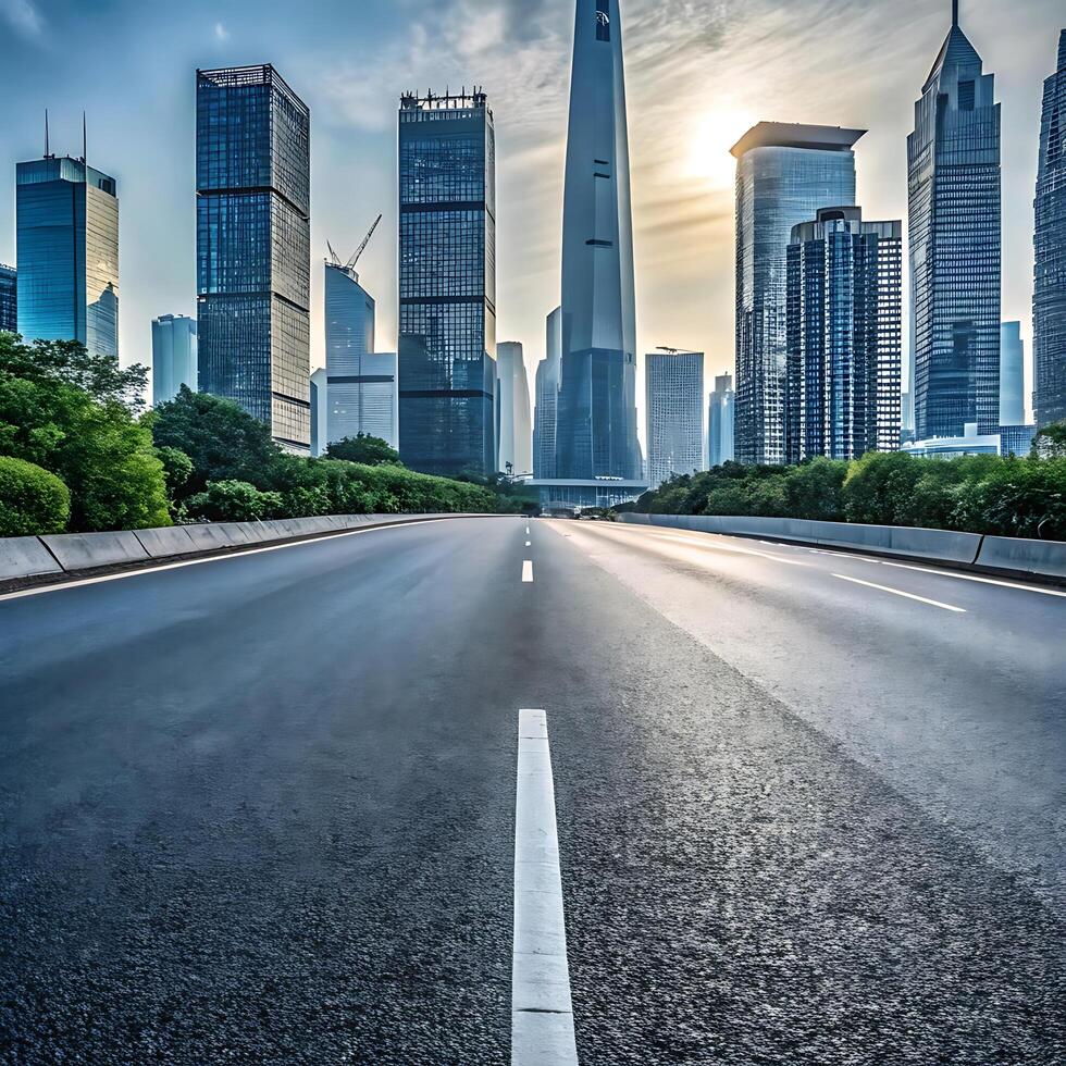 Modern Cityscape Skyline with a Smooth Asphalt Road Leading Towards the Tall Buildings at Sunrise photo