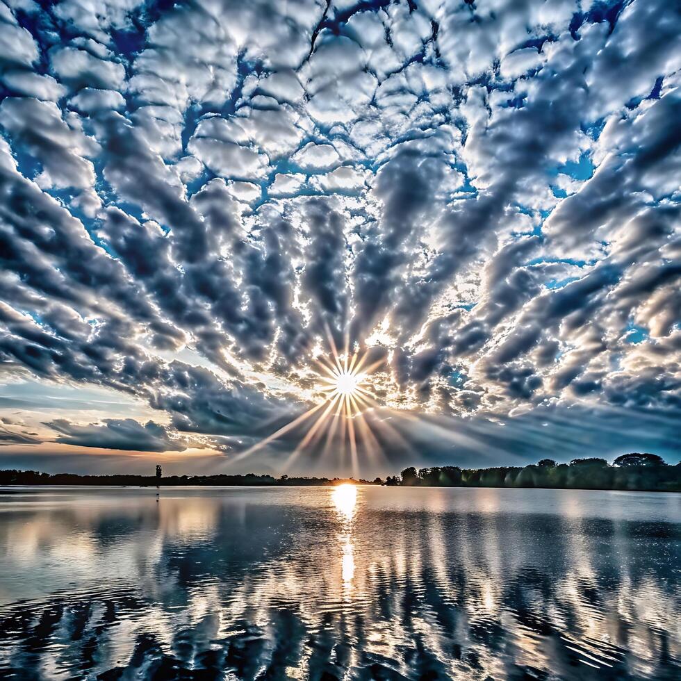 Stunning Sunset over a Calm Lake with Dramatic Clouds and Sun Rays photo