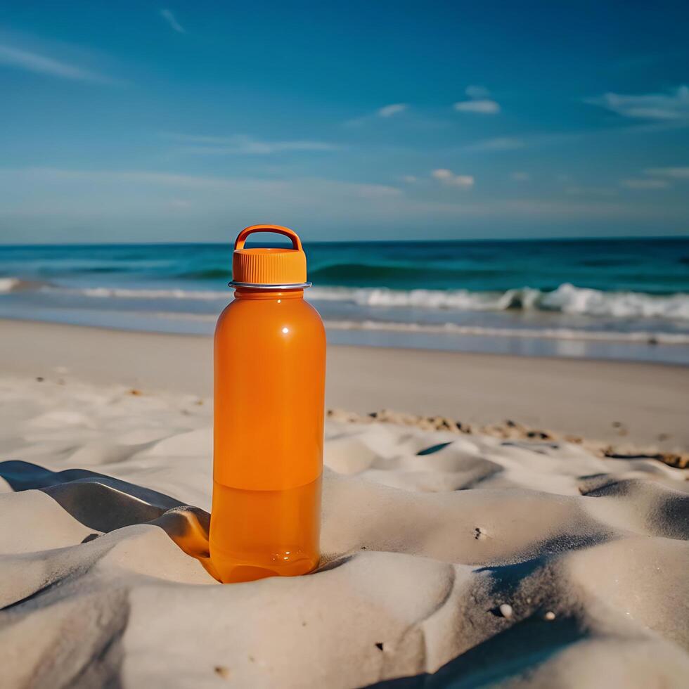 Orange Water Bottle on a Sunny Beach photo