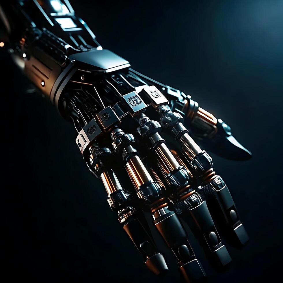A Detailed Closeup of a Futuristic Robotic Hand with intricate metallic components and a dark background photo