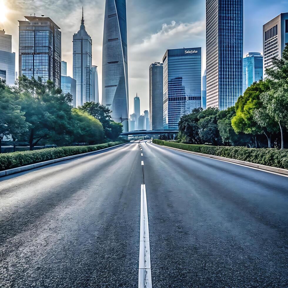 A scenic urban road leading towards towering skyscrapers under a partly cloudy sky photo