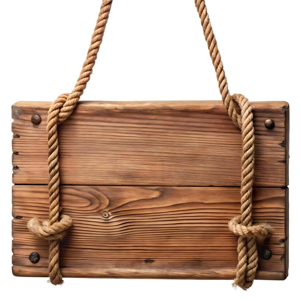 Rustic Wooden Sign Hanging from Rope Knots Blank Textured Background photo
