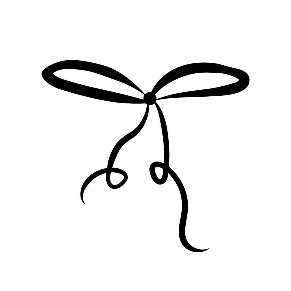 Hand drawn trendy small bow made of thin ribbon with curly long ribbons. Wedding celebration, holiday, party decoration, gift, present. Coquette Aesthetic style. Elegant vintage illustration. vector