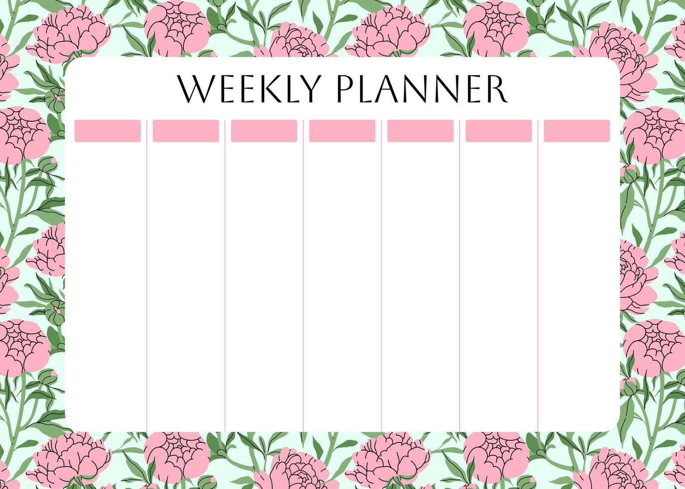 Weekly planner with floral pattern. with Delicate pink peonies and leaves on pink background for notes. Cute school planner is for 7 days. Kids schedule design template. flat illustration. vector