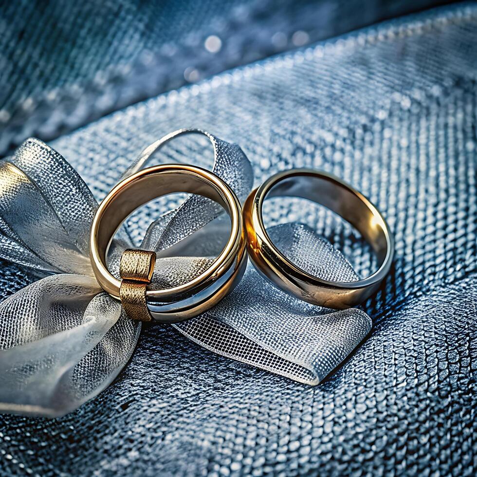 Stunning Closeup of Two Gold Wedding Bands on a Luxurious Blue Fabric with a Delicate Silver Ribbon photo