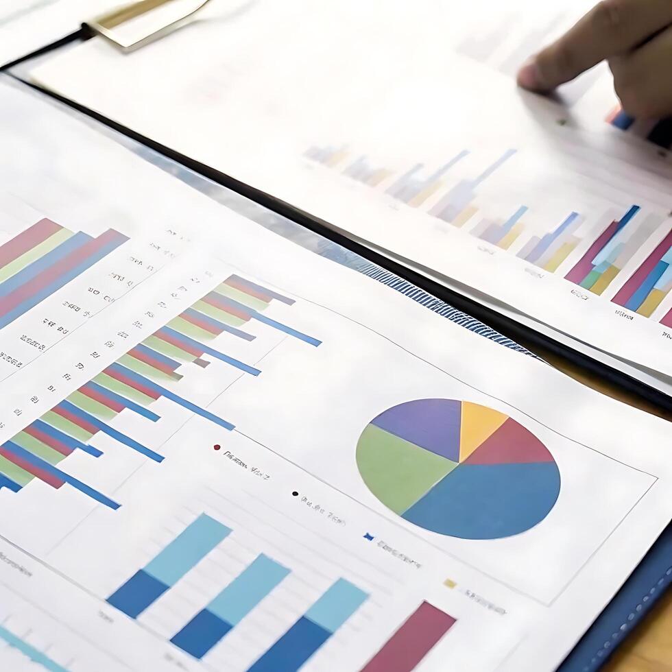 Business Financial Report Analysis Showing Charts and Graphs of Data photo