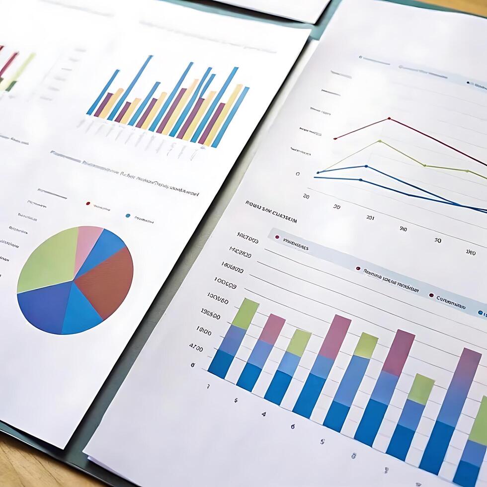 Business financial reports data analysis with charts and graphs showing sales revenue and profits photo