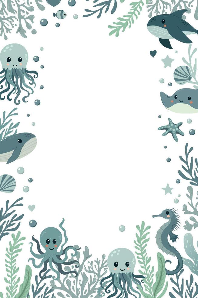 rectangle frame with marine animals and boats in flat design. Template with whale, octopus, seahorse, stingray. Border with underwater sea animals. Marine life. vector